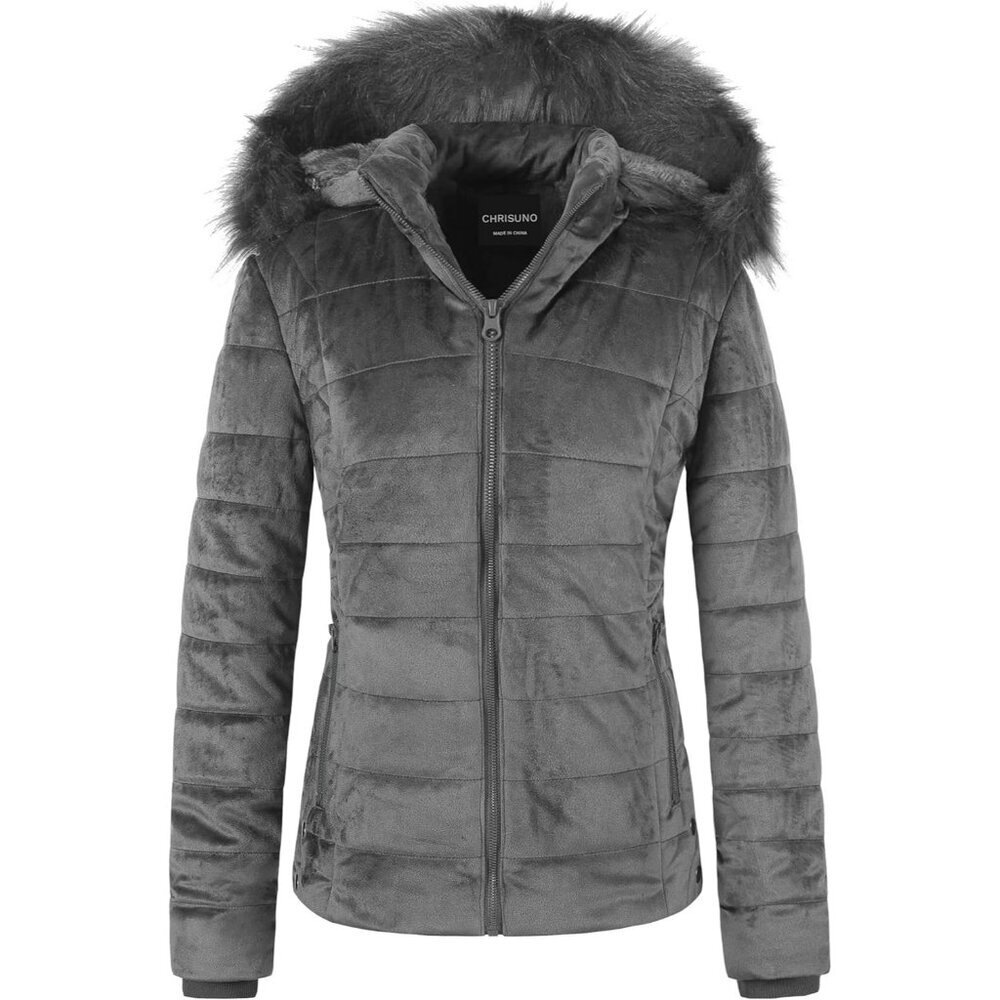 Women's Gray Velvet Puffer Jackets Coat Faux Fur Lining Winter Removable Hood